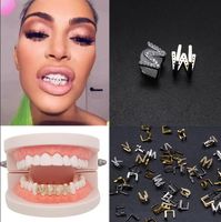 Wholesale Gold White Iced Out A Z Custom Letter Grillz Full Diamond Teeth DIY Fang Grills Cosplay Tooth Cap Hip Hop Dental Mouth Teeth Braces T591