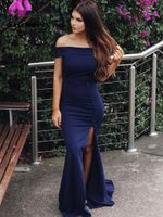 Wholesale Simple Strapless Off the Shoulder Navy Blue Satin Sexy Side Split Long Prom Dresses Elegant Mermaid Evening Party Gown