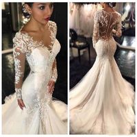 Wholesale Gorgeous White Lace Mermaid Wedding Gowns Dubai African Arabic Style Petite Long Sleeves Natural Slin Fishtail Bridal Dresses Plus Size