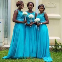 Wholesale Turquoise Bridesmaid Dresses Long Maid of Honor Dress for Wedding Party Guest Scoop Lace Chiffon Floor Length Formal Prom Dresses