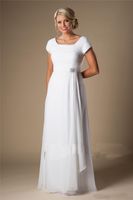 Wholesale Informal Ruched Chiffon Modest Beach Wedding Dresses With Cap Sleeves Square Neck Long Bridal Gowns A line Simple Reception Wedding Gowns