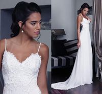Wholesale 2019 Simple Elegant Lace Sheath Wedding Dresses Spaghetti Straps Summer Beach Backless Bridal Gowns A Line Chiffon Cheap Custom Dresses