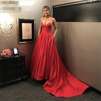 Wholesale 2020 Sexy Long Red Prom Dresses with pockets spaghetti straps Sleeveless Evening Party Gown Plus Size evening gowns Elegant Ballgown
