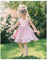 Wholesale Baby Girls Dress INS Pink Lace Hollow Embroidery Vest Dress Lace up Bow Princess Dress Children Fashion Ruffles Party Dresses Clothing
