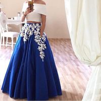 Wholesale White and Royal Blue Satin A Line Evening Dresses Two Pieces Lace Applique Prom Dresses Party Formal Gowns