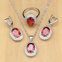 Wholesale 925 Silver Jewelry Sets Red Birthstone White CZ For Women Wedding Sterling Silver Jewelry For Ladies Earrings Drop Shipping