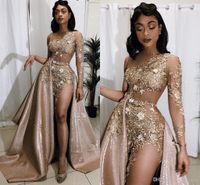 Wholesale Aso Ebi Arabian Gold Beads Prom Dresses with Detachable Train One Shoulder Long Sleeve Lace Appliques Evening Dresses Sexy Party Wear