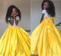 Wholesale Sparkly Beads Sequins Yellow Girls Pageant Dresses Big Bow Back Short Sleeve Kids Birthday Party Wedding Flower Girl Dress Customize