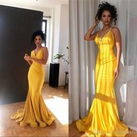 Wholesale New Arrival Cheap Simple Yellow Mermaid Prom Dresses Halter V Neck Floor Length Party Evening Gowns Special Occasion Dress Evening Wear