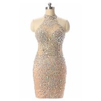 Wholesale robe de soriee Luxury Sheath Beading Short Dresses Sexy Crystal Mini Prom Party Dress Champagne Formal Evening Gowns