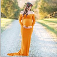 Wholesale Plus Size Maternity Dress Mercerized Cotton V Neck Off Shoulder Long Sleeve Maxi Dresses Pregnant Woman Photography Dress