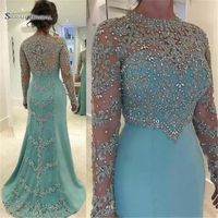 Wholesale 2019 Mint Green Vintage Sheath Prom Dresses Long Sleeve Beads Long Sleeves Appliqued Evening Party Gown