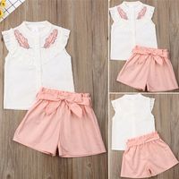 Wholesale INS Baby Girls Clothing Set ruffled blouse Top T shirt bowknot shorts two piece suits girl leaf Tshirts Summer Set tracksuits best E3301