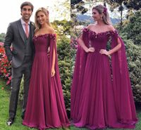 Wholesale Greek Goddess Style Fushcia Prom Dress with Cape D Flower Appliques Chiffon Long Evening Party Gowns Customize Plus Size
