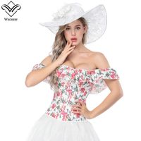 Wholesale Wechery Off Shoulder Corset For Women Sexy Floral Clothing Corselet Tops Womens Ruffles White And Red Lace Up Corsets Bustier Y19070201