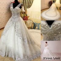 Wholesale Real Image Luxury Crystal Wedding Dresses Lace V Neck Sheer Strap SWAROVSKI Bridal Gowns Cathedral Train Free Petticoat Free Veil
