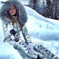 Wholesale Umeko Fashion Winter Hooded Jumpsuits Parka Cotton Padded Warm Sashes Ski Suit Straight Zipper Women Casual Tracksuits V200414