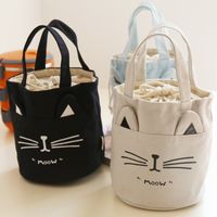 Wholesale Cute Cat Pattern Drawstring Bucket Bag Lunch Box Lady Lovely Canvas Bag Women Fashion Handbag with Pocket