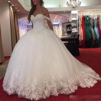 Wholesale 2019 Modest Ballgown Wedding Dresses Lace Applique Off the Shoulder Plus Size Custom Made Sweetheart Neckline Beaded Wedding Bridal Gown