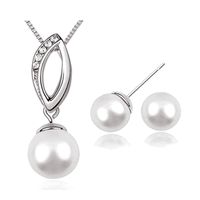 Wholesale Elegant Bridal White Pearl Silver Tone Jewellery Set Earrings Necklace