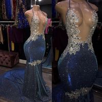 Wholesale Sexy Shiny Crystal Mermaid Prom Reflective Dresses Real Image Backless Long Evening Gowns Halter Formal Party Dress Custom Made