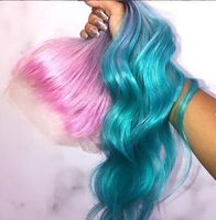 Largo Gradiente 3 Color Rosa Violeta Azul Ombre Pelo 100 Cabello Humano Encaje Peluca Para Fiesta