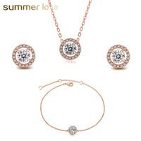 Wholesale newest zircon round rose gold silver charm necklace bracelet earring jewelry set for wedding women girls natural crystal cz earring