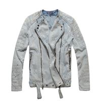 Wholesale crew neck demin coats Vintage washed grey blue demin jackets Diagonal zipper jacket stripe sleeve zipper INS hot hip hop men jacket