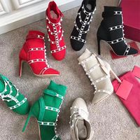 Wholesale Hot Sale sock Studs boots ribbed knit ankle boots cage stud bootie mm for woman leather trimmed stretch High heel shoes Christmas