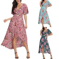 Wholesale 2019 New Spring Fashion Sexy Women Summer V Neck Short Sleeve Floral Print Beach Party Wedding Long Ladies Dresses For Female