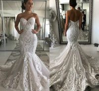 Wholesale 2020 Elegant Sweetheart Mermaid Wedding Dresses Luxury Strapless Lace Appliqued Open Back Plus Size Bridal Gown