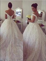 Wholesale Best Selling Lace Ball Gown Vestidos De Noiva Bride Dresses Chapel Train Off The Shoulder Handmade Flowers Gorgeous Bridal Gowns
