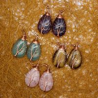 Wholesale 10Pairs Women s Stone Tree of Life Green Aventurine Jade Dangle Earrings Rose Gold Wire Wrapped Teardrop Healing Crystal Jewelry for Ladies