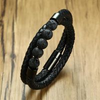 Wholesale Luxury Black Color Doule Braid Leather Mens Bracelet With Nature Lave Stone Bead Health Healing Male Bangle Sport Casual Jewelry