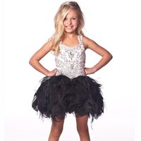 Wholesale White and Black Little Toddler Girl s Pageant Dresses with Beaded Sequins Feathers Short Baby Flower Girls Party Gowns