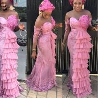 Wholesale 2020 New Nigerian Pink Mermaid Evening Dress Plus Size Aso Ebi Tiered Tulle Sweetheart Lace Vintage Formal Prom Dresses Gown Abendkleider