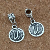 Wholesale 50pcs Dangle Antique silver Letter quot u quot Alphabet Initial alloy Charm Fit European Bracelets Jewelry DIY x30 mm A a