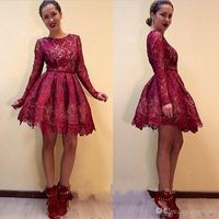 Wholesale 2019 New Burgundy Short A line Lace Homecoming Dresses Elegant Crew Neck Long Sleeves Sweet Girls Party Dresses th Graduation