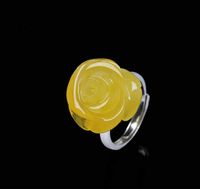 Wholesale Second generation beeswax amber carved rose ring female jewelry ring adjustable silver live mouth simple wild