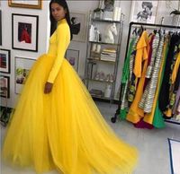 Wholesale Saudi Arabic Long Sleeve High Neck Yellow Prom Dresses Tulle Ball Gowns Sweet Dress Quinceanera Formal Elegant Evening Gowns Robes