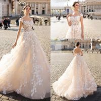 Wholesale 2020 New Lace boho Wedding Dress A Line Bride Dresses Elegant Fairy Sheer Cap Sleeves Tulle Lace Applique Wedding Gowns robes de mariée