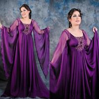 Wholesale Plus Size Poet Long Sleeve Beaded New Scoop Purple Chiffon Long Formal Mother Dress Dubai Arabic kaftan Abaya Evening Gowns prom