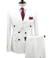 Wholesale 2 Pieces Wgite Double Breasted Solid Piece Suit Slim Fit Notch Lapel One Button Tuxedo Jacket Pants Set Mens Suits Groom Blazer Pant