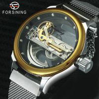 Wholesale FORSINING Bridge Auto Mechanical Watch Men Fashion Classic Magnet Mesh Strap Golden Chain Crown Unique Design Wristwatch SLZe113