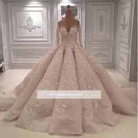 Wholesale Luxury D Floral Applique Wedding Dresses With Long Sleeves Jewel Neckline Bridal Ball Gown Court Train Tulle Beaded Bride Dress