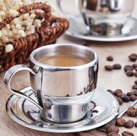 Wholesale 160ml Stainless Steel Coffee Tea Set Double Layer Coffee Cup Mugs Espresso Mug Milk Cups With Dish Spoon GGA2646