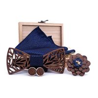 Wholesale Wooden Bow Tie Handkerchief Set Men s Plaid Bowtie Wood Hollow carved cut out Floral design And Box Fashion Novelty ties