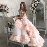 Wholesale Luxury Feather Lace Toddler Girls Pageant Dresses Appliqued Jewel Neck Beaded Ball Gown Tiered Flower Girl Dress Sweep Train Kid Prom Gowns