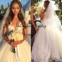 Wholesale Glamorous Cap Sleeve Beach Wedding Dresses Sheer Jewel Neck D Applique Cathedral Train Summer Holiday Bridal Wedding Party Gown