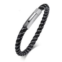 Wholesale High Quality Mens Black PU Leather Braided Stainless Steel Wire Bracelet